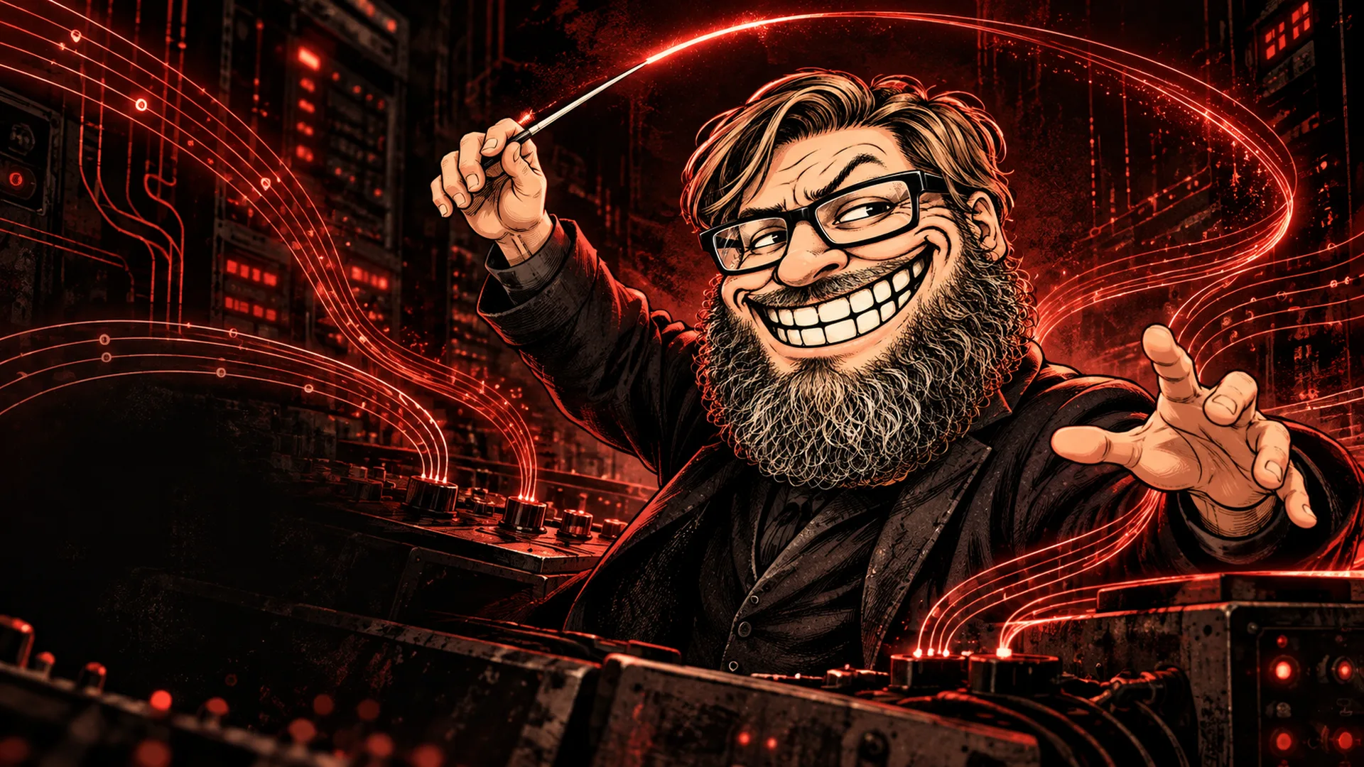 The studio's boss, grinning, conducts a wall of glowing red machines with a baton