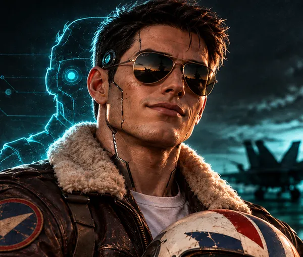 A grinning pilot in aviators and a fleece-collared bomber jacket, a jet on the runway behind him and a cyan circuit glow over his shoulder