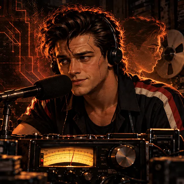 A DJ in headphones leans into a studio microphone, a glowing VU meter on the desk in front of him