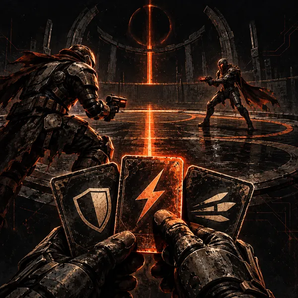 Two armoured duellists face off in a dark arena split by an orange beam; in the foreground, gloved hands hold three upgrade cards: shield, lightning, arrows